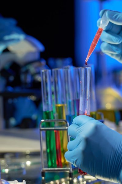 Talented researcher wearing rubber gloves standing at laboratory bench and pouring red liquid into test tube with pipette while working on joint project with colleague